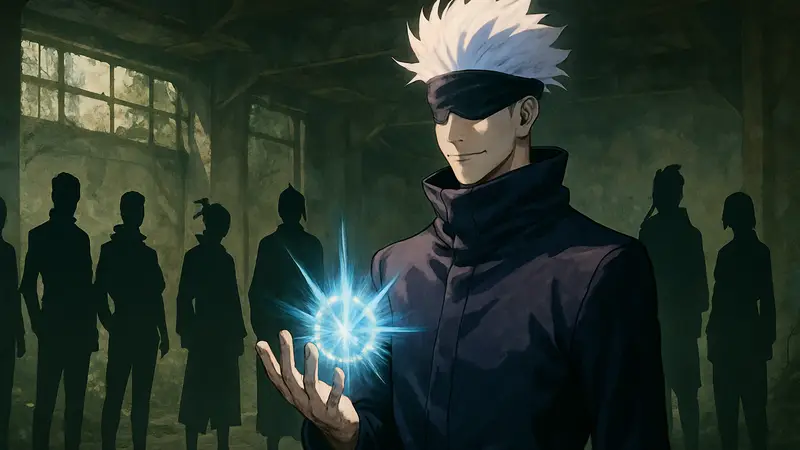 Годжо Сатору демонстрирует свои силы на фоне персонажей Jujutsu Kaisen, иллюстрация магов