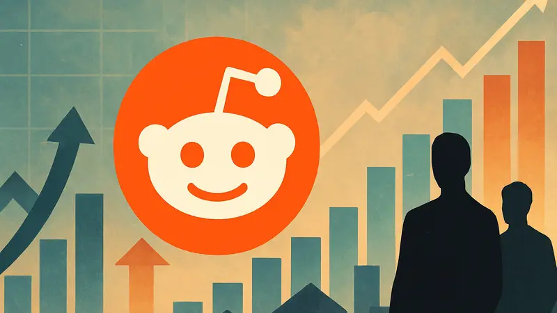 Логотип Reddit на фоне абстрактных графиков, символизирующих рост и поглощения