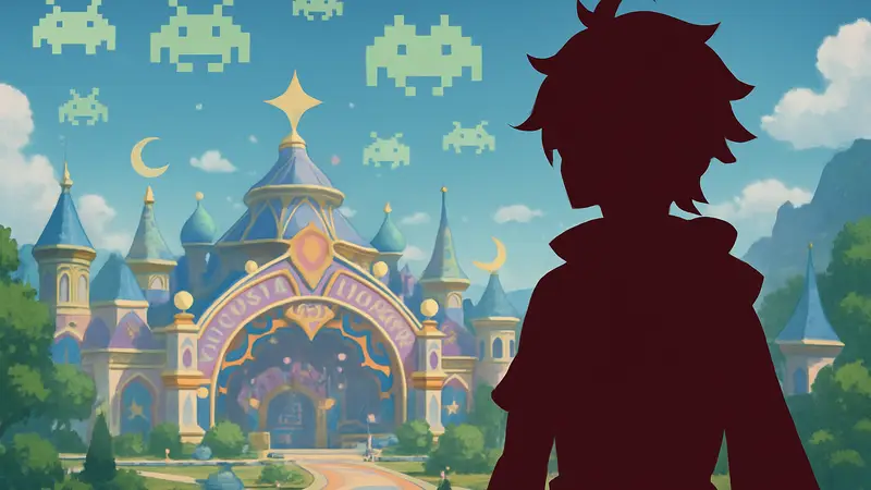 Персонаж из Genshin Impact на фоне ивента Miliastra Wonderland, с элементами Space Invaders.