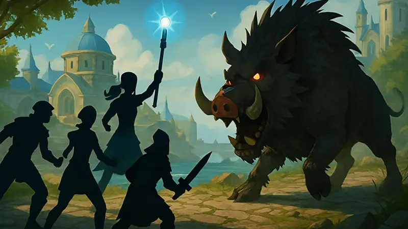 Скриншот RuneScape, герои сражаются с Ужасным вепрем в дополнении Havenhythe