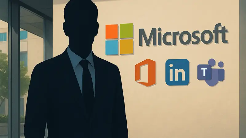 Райан Рослански, руководитель Microsoft Office, LinkedIn и теперь Teams, в деловом костюме на фоне логотипа Microsoft.