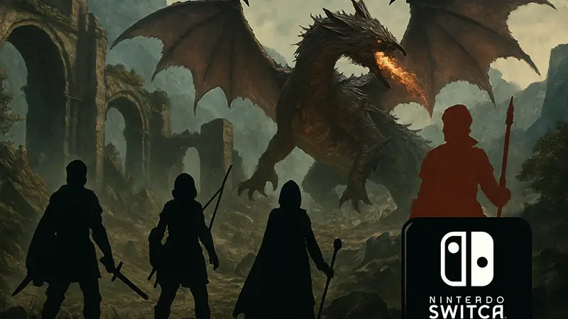 Обложка Dragon’s Dogma 2: Dark Arisen с логотипом Nintendo Switch 2 и персонажами игры.