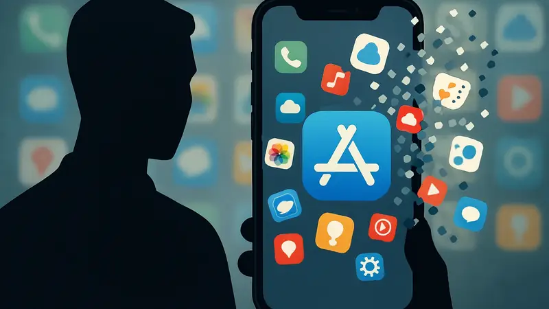 Логотип App Store на экране iPhone с удаляющимися иконками приложений.