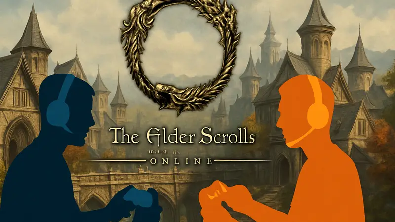 Логотип The Elder Scrolls Online с намёком на кроссплей или скриншот игры с указанием 2026 года.