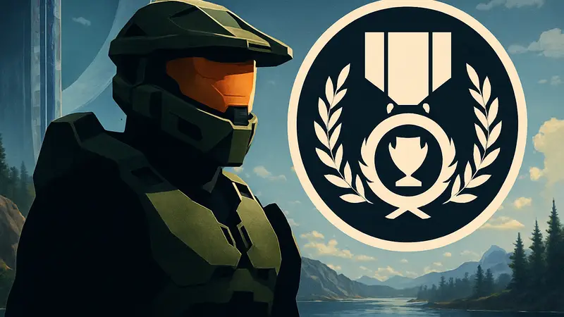Мастер Чиф в шлеме, на фоне значка достижения Halo: Combat Evolved. Гайд по трофеям.