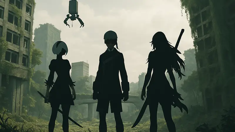 Арты персонажей NieR: Automata, таких как 2B, 9S и A2, с фоном из игрового мира