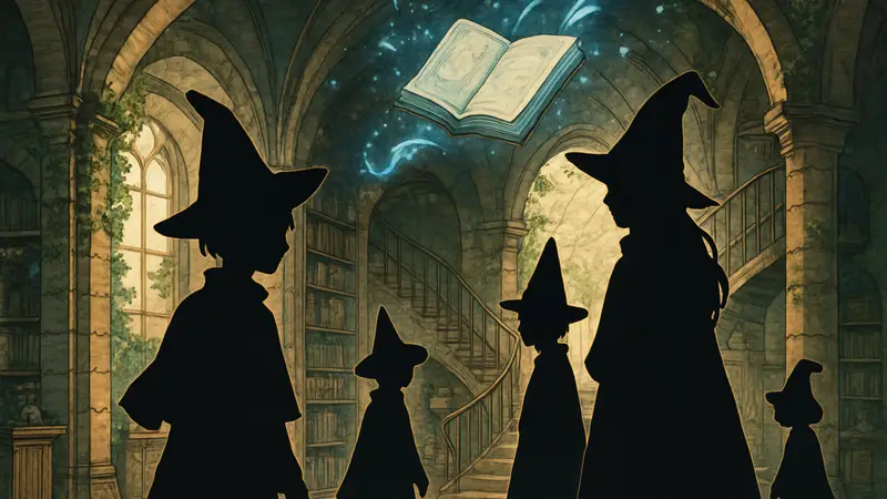 Иллюстрация из аниме Witch Hat Atelier с главными персонажами в магической атмосфере.