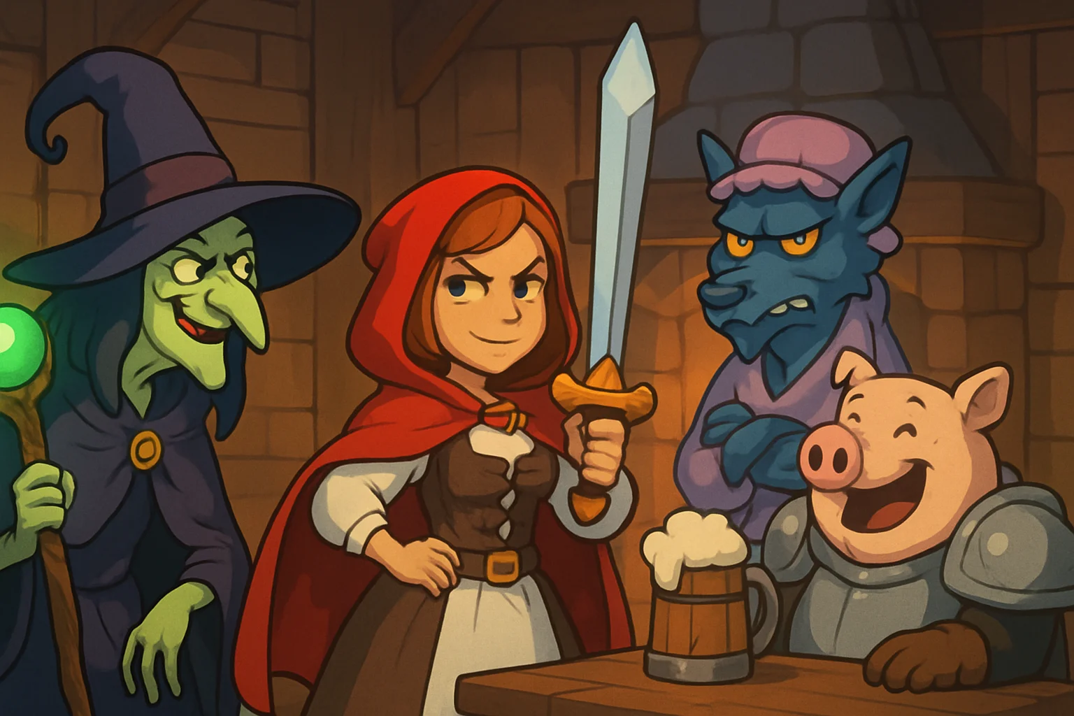 Игровой скриншот Tavern Tale, показывающий персонажей в стилистике фэнтези с элементами юмора