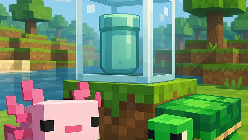 Милые детёныши аксолотля и черепахи в Minecraft, рядом с новым предметом