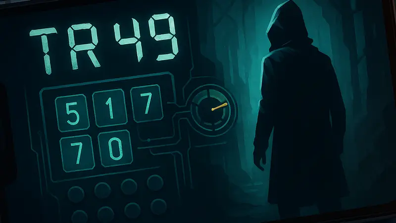 Скриншот или обложка игры TR-49, демонстрирующая элементы взлома кодов и таинственности, на мобильном устройстве.