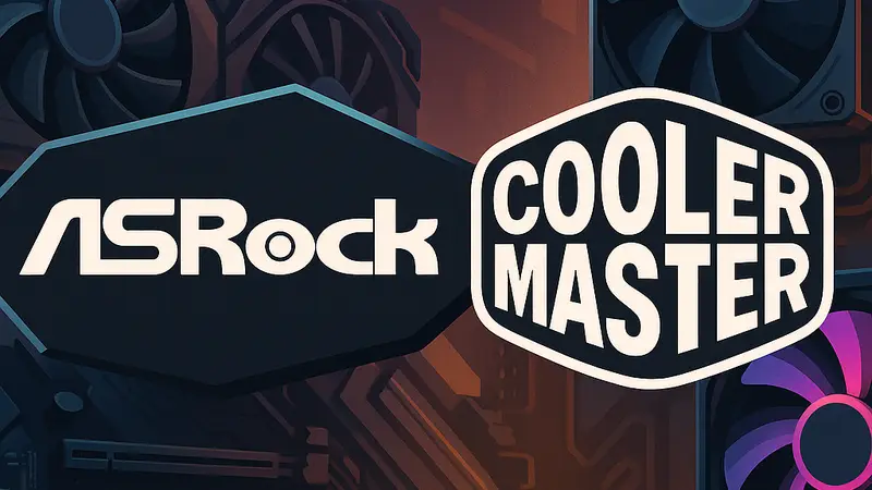 Логотипы ASRock и Cooler Master на фоне игровых компонентов, символизирующие странное партнёрство двух компаний.