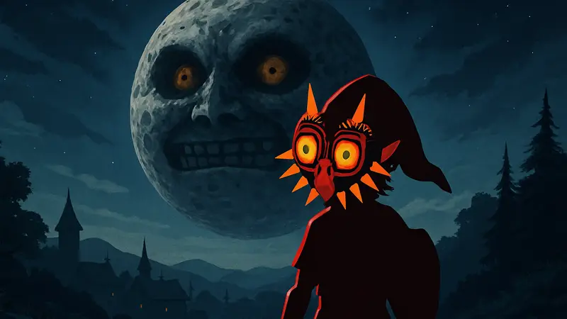 Линк в маске Маджоры из The Legend of Zelda: Majora's Mask на фоне луны