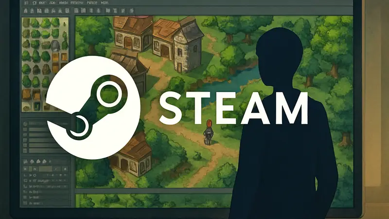 Логотип Steam на фоне интерфейса, с изображением игры-RPG-мейкера, которую можно получить бесплатно
