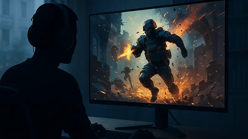 Современный игровой монитор с высокой частотой обновления, отображающий динамичную игру.