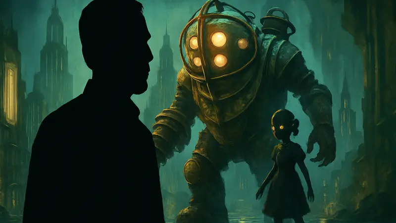 Кен Левин, геймдизайнер, на фоне концепт-арта из BioShock