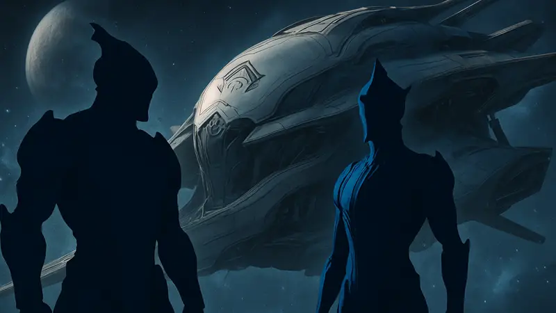 Сириус и Орион, персонажи Warframe, на фоне космического корабля.