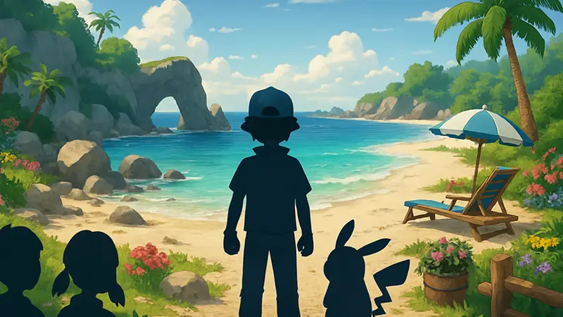 Переделанный Пляж Блек (Bleak Beach) в игре Pokemon Pokopia, демонстрирующий впечатляющий макияж.