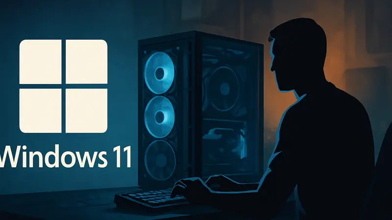 Логотип Windows 11 на фоне игрового компьютера, символизирующий оптимизацию для геймеров
