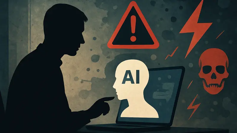 Изображение человека, взаимодействующего с ИИ-чатботом, с абстрактными элементами опасности