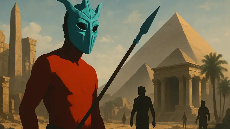 Игровой арт Soulmask с элементами Древнего Египта и маской на фоне