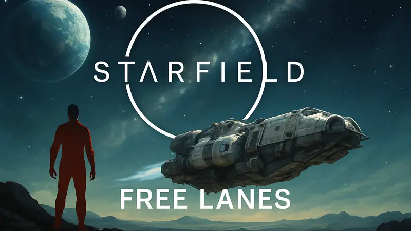 Логотип Starfield с космическим кораблем и названием обновления Free Lanes
