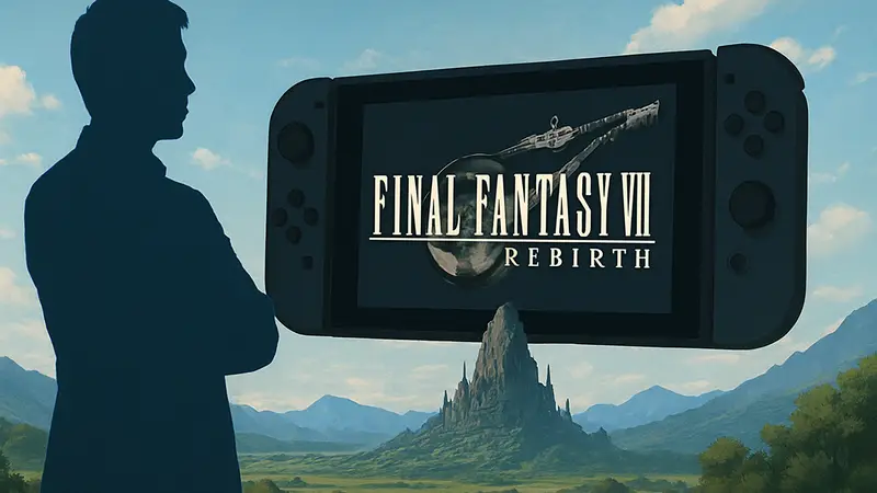 Директор Final Fantasy 7 Rebirth Наоки Хамагути и логотип игры на фоне силуэта Switch 2