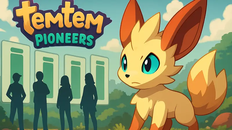 Логотип Temtem: Pioneers и изображение одного из существ на фоне достигнутых целей Kickstarter.
