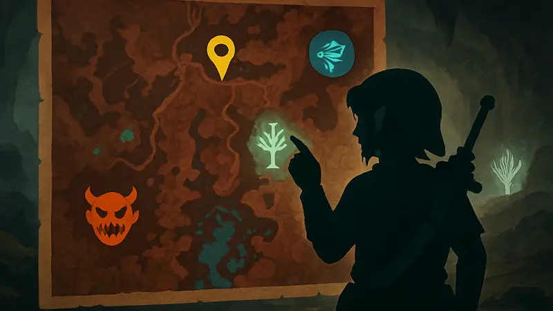 Интерактивная карта Глубин в игре The Legend of Zelda: Tears of the Kingdom с отметками ключевых локаций.