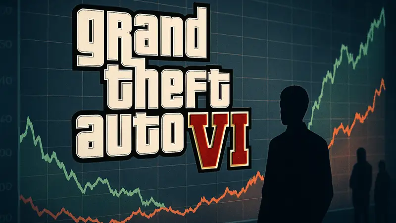 Логотип Grand Theft Auto VI на фоне ценового графика, отражающего мнения аналитиков игровой индустрии