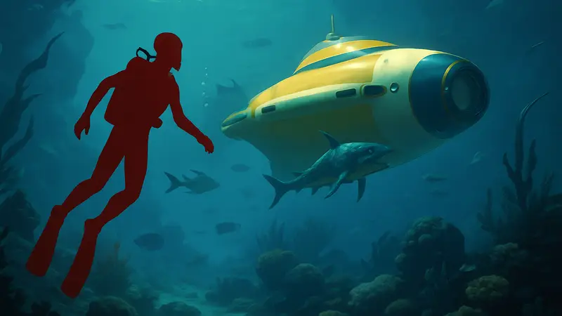 Игровой процесс Subnautica, подводный мир, субмарина, морские существа.