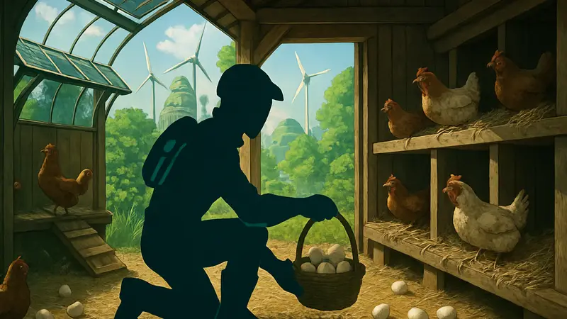 Игрок Solarpunk собирает яйца в курятнике