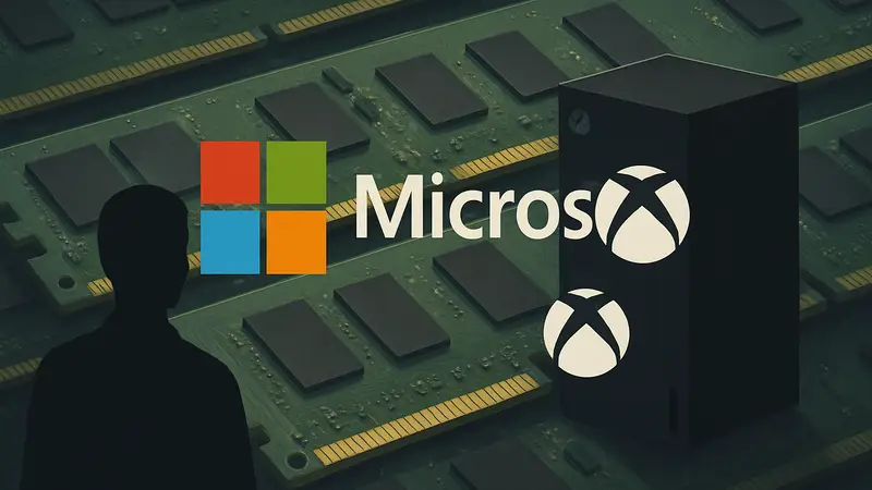 Логотип Microsoft и консоль Xbox на фоне компьютерной памяти (RAM).