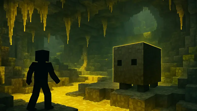 Концепт-арт нового биома «Серные пещеры» в Minecraft с мобом Серный куб