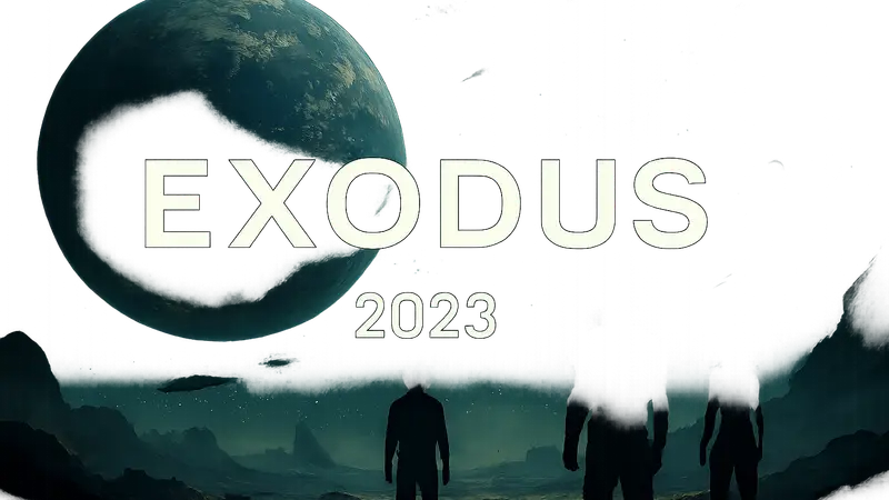 Логотип научно-фантастической RPG Exodus с космическим фоном и датой релиза