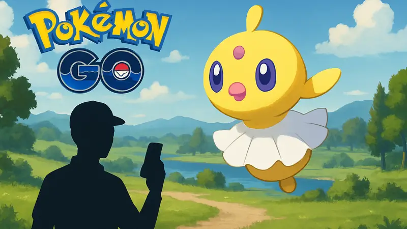 Флиттл — покемон с оборкой из Pokemon GO, летящий на фоне игрового мира.