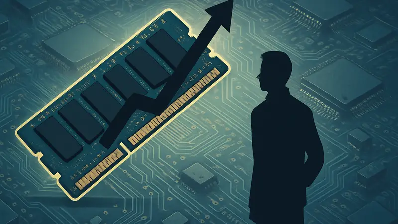 Микросхема оперативной памяти на фоне компьютерной платы или чипов, символизирующая рост цен.