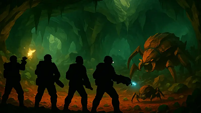Скриншот геймплея из нового шутера Deep Rock Galactic с четырьмя персонажами.