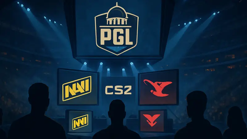 Логотип турнира PGL Cluj-Napoca с изображением команд NAVI и MOUZ на киберспортивной арене CS2.