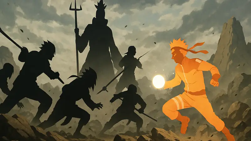 Кадры из аниме Naruto, где изображены могущественные шиноби в битве во время Четвёртой Великой войны.