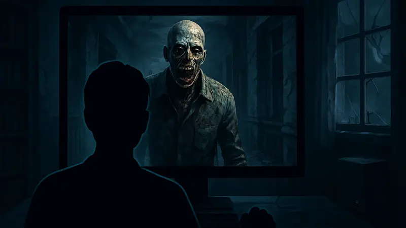 Зомби или монстр из Resident Evil на экране компьютера, символизирующий игровой процесс и атмосферу ужаса.