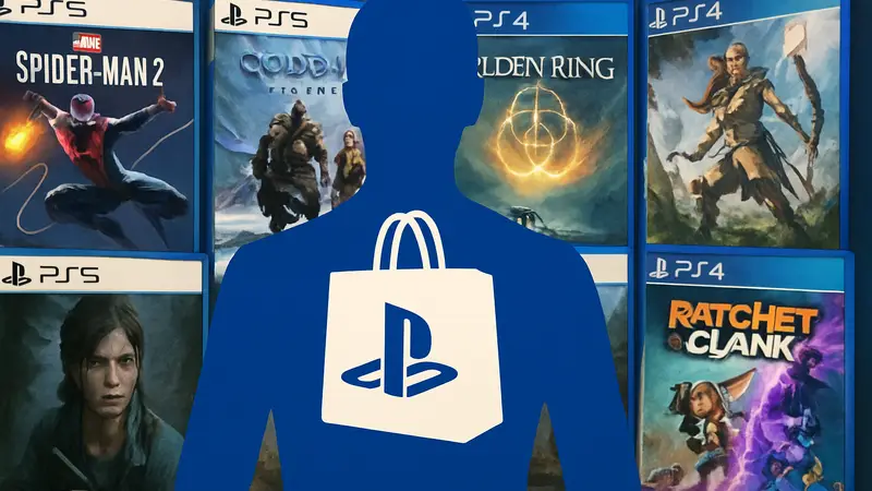 Логотип PlayStation Store на фоне игровых обложек для PS5 и PS4.
