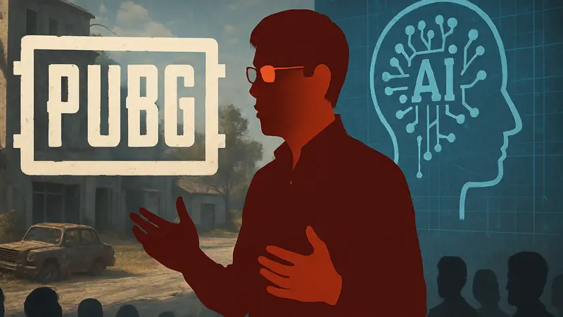 Глава PUBG Studios Таэсок Чан на фоне логотипа PUBG, обсуждающий применение ИИ в разработке игр.
