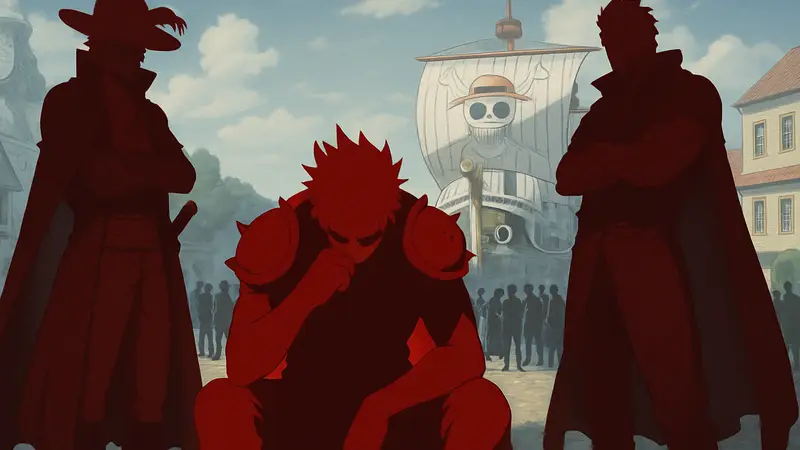 Сильные персонажи из аниме One Piece в окружении своих экипажей, иллюстрация