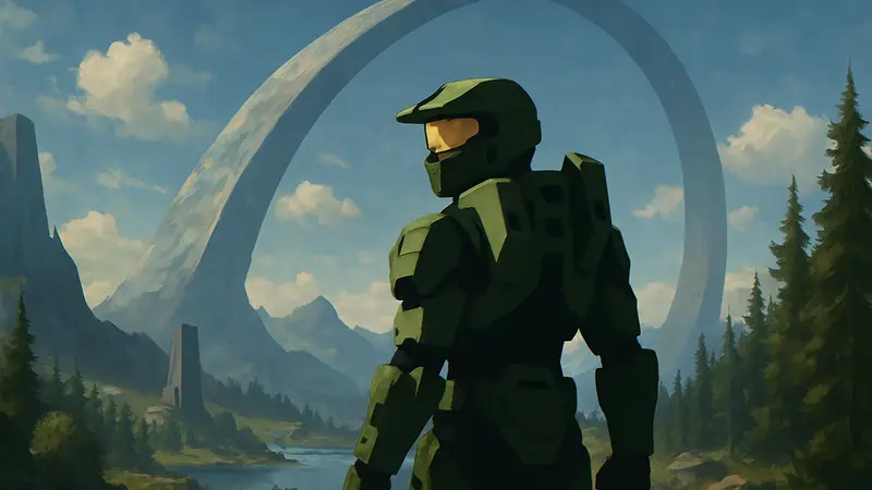 Мастер Чиф из игры Halo на фоне культового кольца-мира