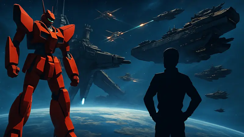 Логотипы Robotech и Gunship Battle: Total Warfare на фоне космических кораблей