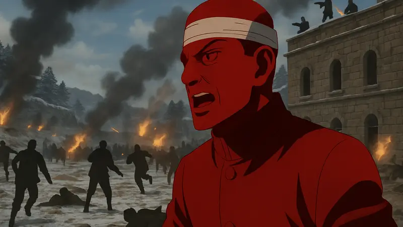 Кадр из аниме Golden Kamuy с лейтенантом Цуруми во время битвы.