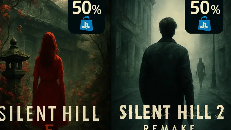 Обложки игр Silent Hill F и Silent Hill 2 Remake, демонстрирующие 50% скидку в PlayStation Store.