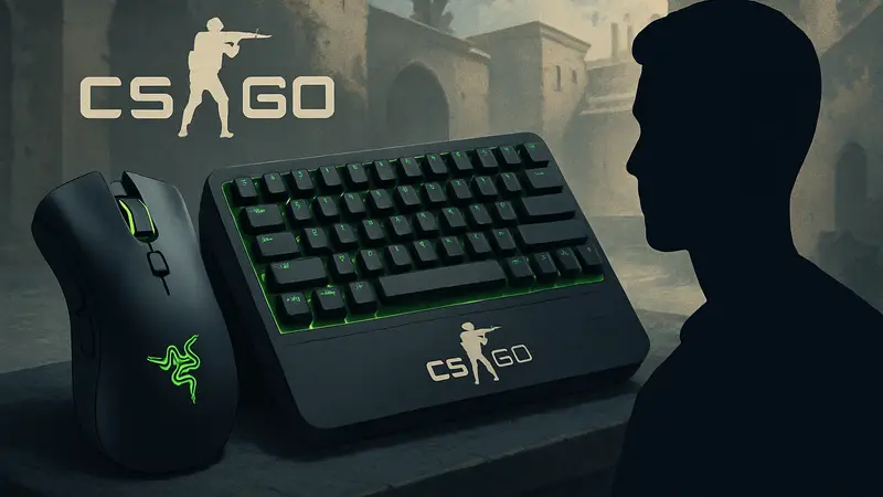 Геймерские девайсы Razer Niko Collection: мышь Razer DeathAdder V4 Pro и клавиатура Huntsman V3 Pro TKL 8KHz с логотипом CS2 на стильном фоне.