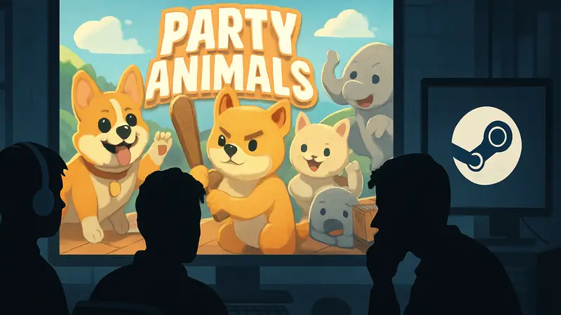 Логотип Party Animals, иллюстрация с ИИ, геймеры критикуют игру в Steam