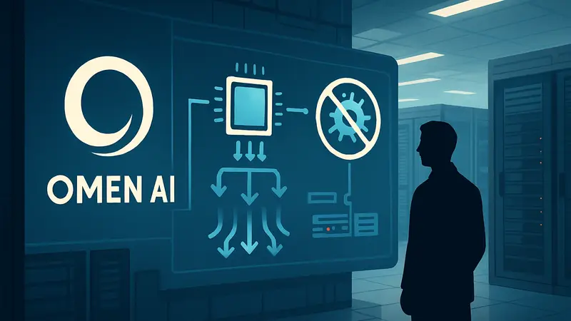 Логотип Omen AI и схема оптимизации дата-центра с контролем охлаждения чипов и предотвращением бактерий.